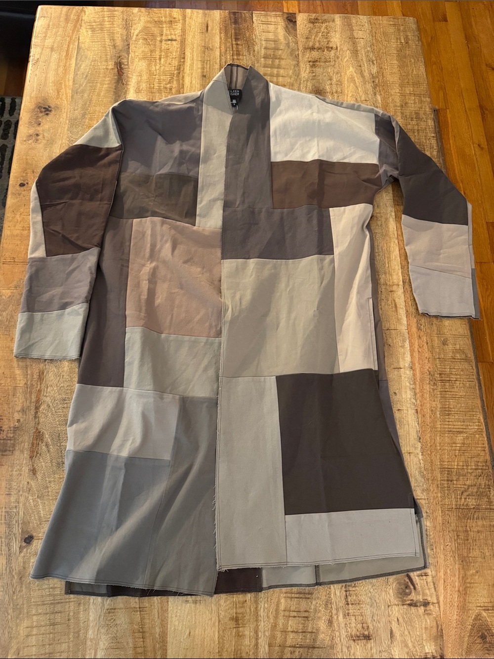 Eileen Fisher Reworked Kimono Long Coat Jacket Patchwork 2018 BARK neutral tones
